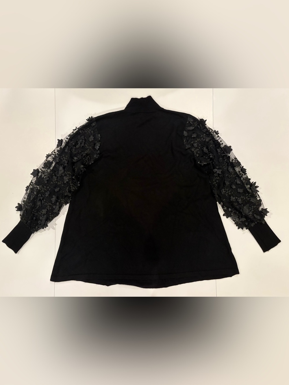 Stunning Black Mock Neck Sweater with 3D Floral Applique Mesh Sleeves - Size M